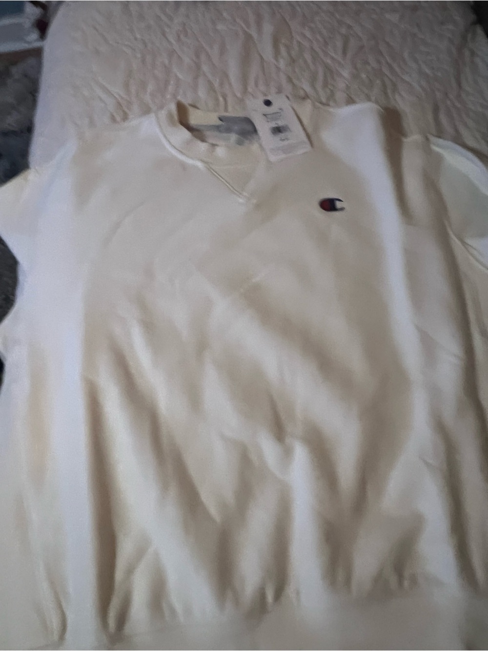 Champion Men’s Cream Crewneck Sweatshirt with Chest Logo